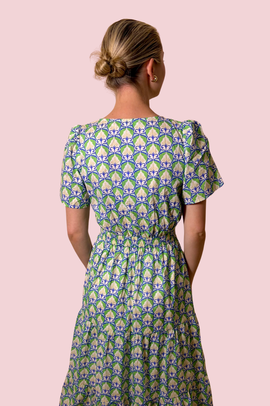 Garden Tile Green and Blue Printed Midi Dress with Flutter Sleeves and A-Line Fit