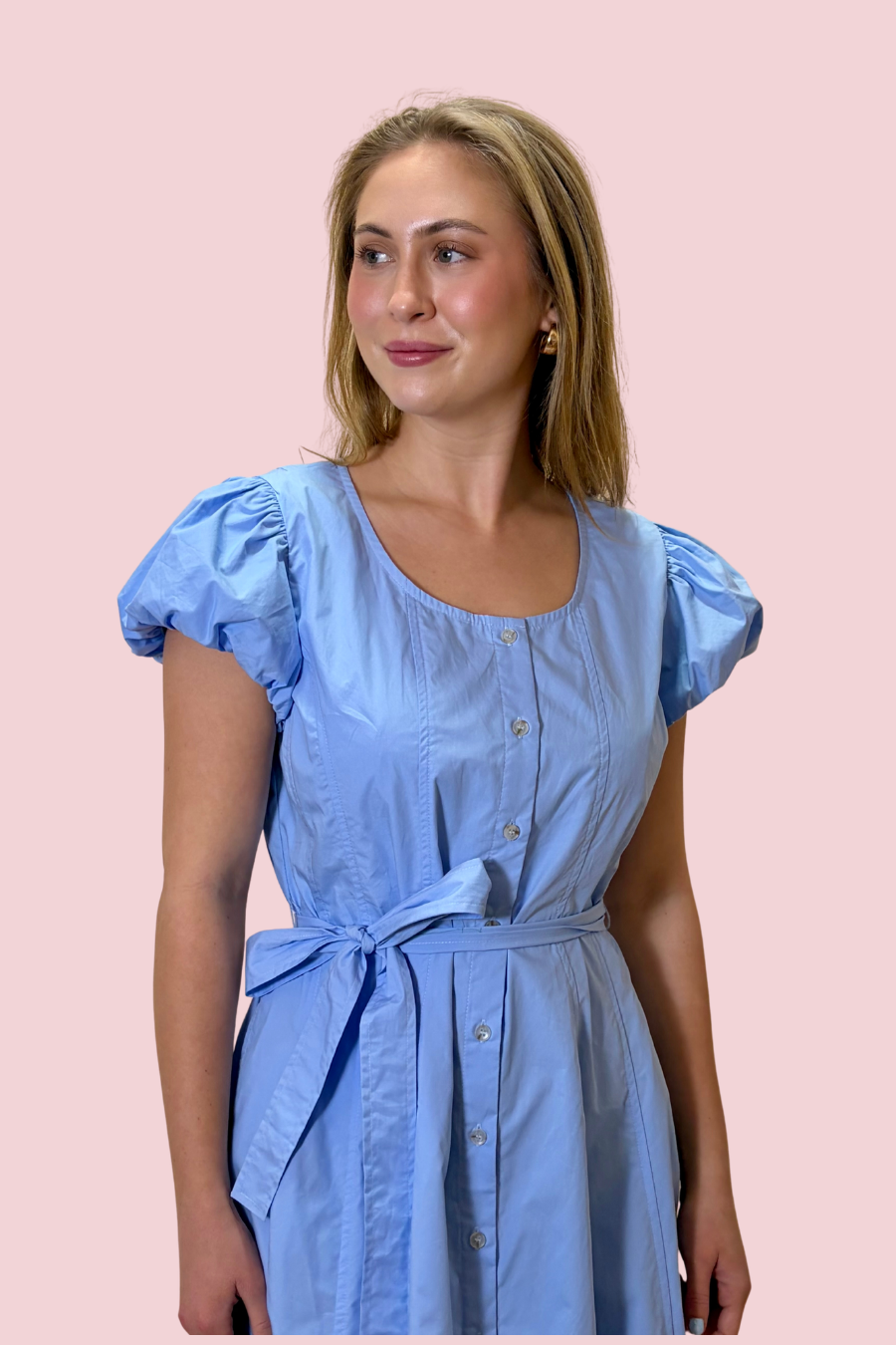 Dressed Like a Daydream Blue Button Front Midi Dress with Puff Sleeves and Tie Waist Belt