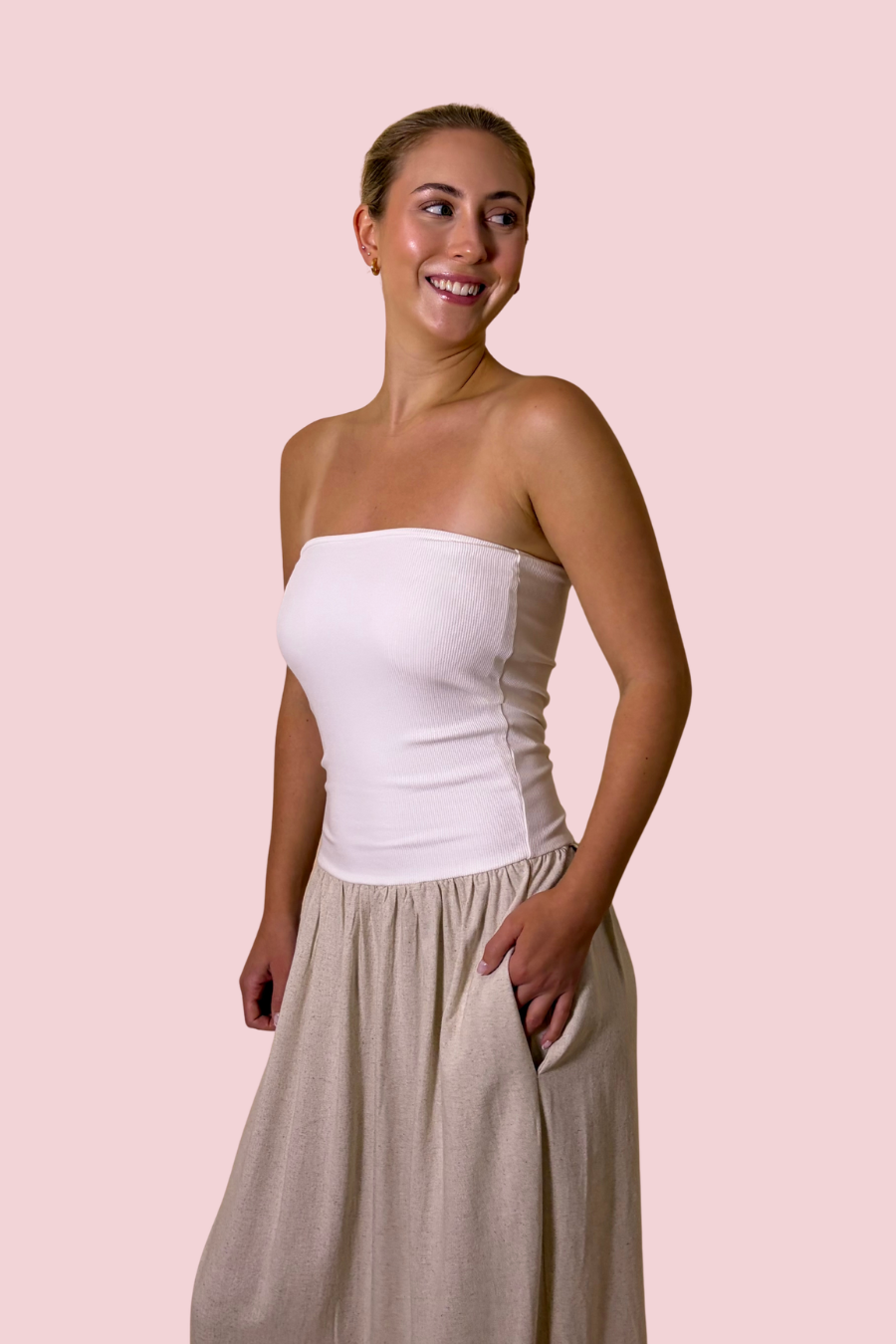 Soft Horizons Strapless Smocked Maxi Dress with Flowy Linen Blend Skirt