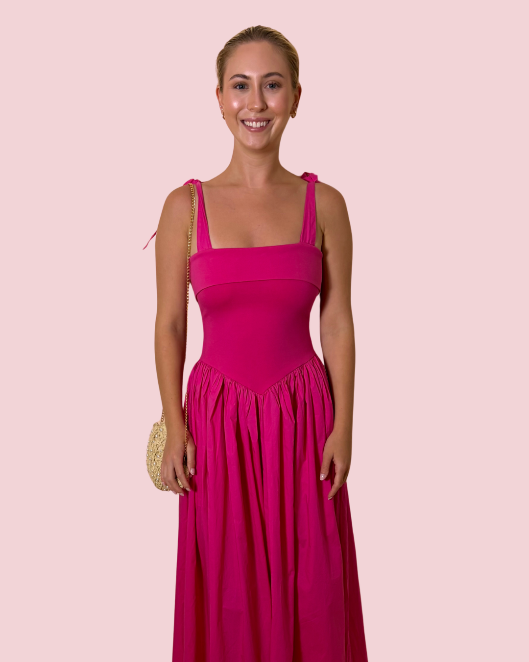 Turning Heads Pink Maxi Dress with Bow Tie Shoulder Straps and Full Skirt