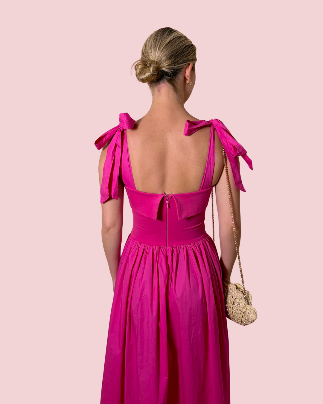 Turning Heads Pink Maxi Dress with Bow Tie Shoulder Straps and Full Skirt