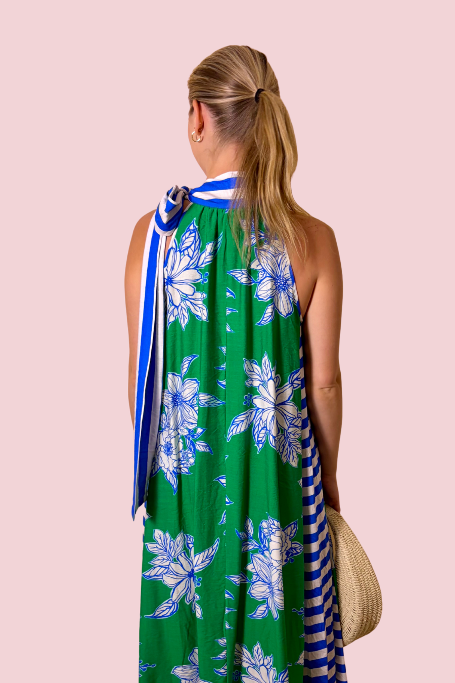 La Dolce Vita Women’s Floral Print Halter Maxi Dress with Striped Scarf Tie Detail
