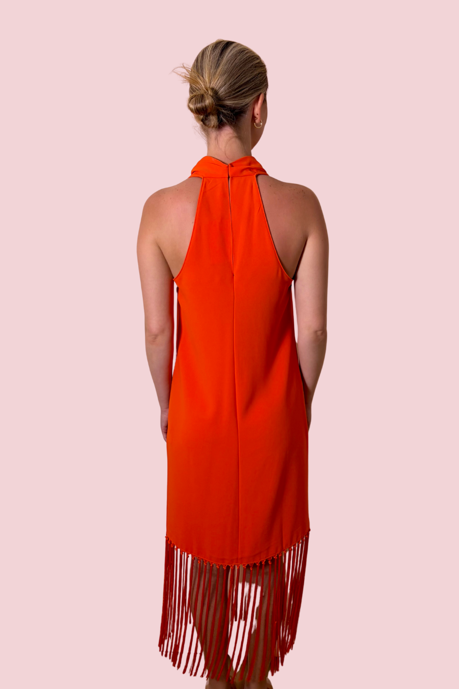 Syd Fringe Hem Midi Dress with Draped High Neck and Sleeveless Silhouette