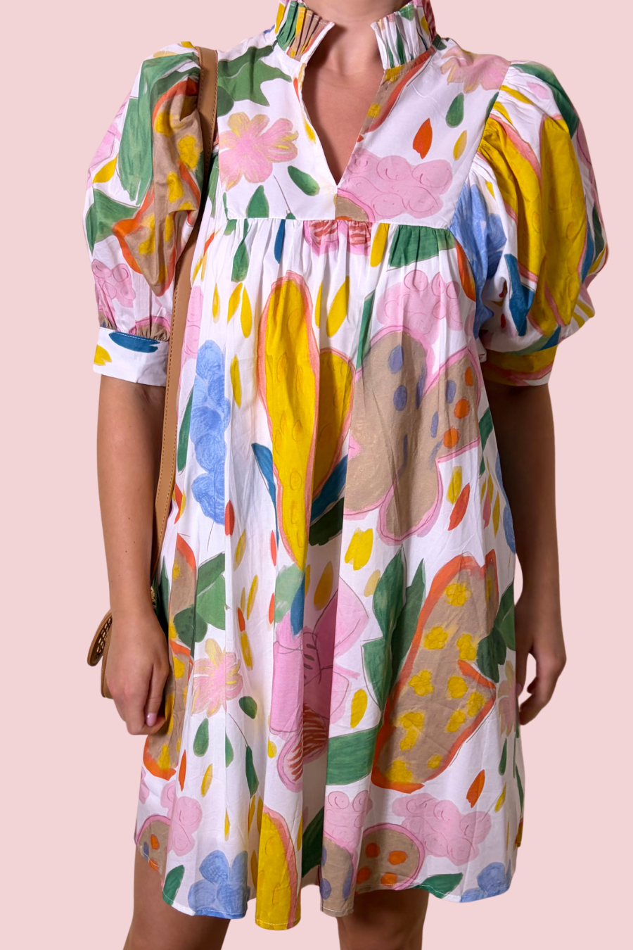 Sunshine Sketch Multicolor Floral Print Puff Sleeve Mini Dress with Ruffle Collar