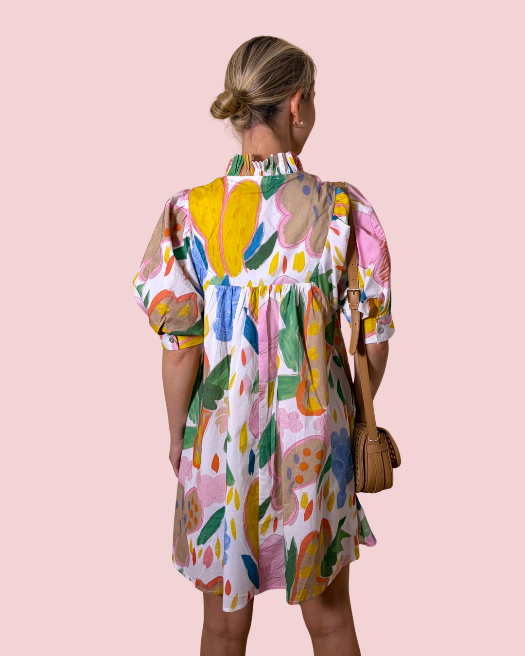 Sunshine Sketch Multicolor Floral Print Puff Sleeve Mini Dress with Ruffle Collar