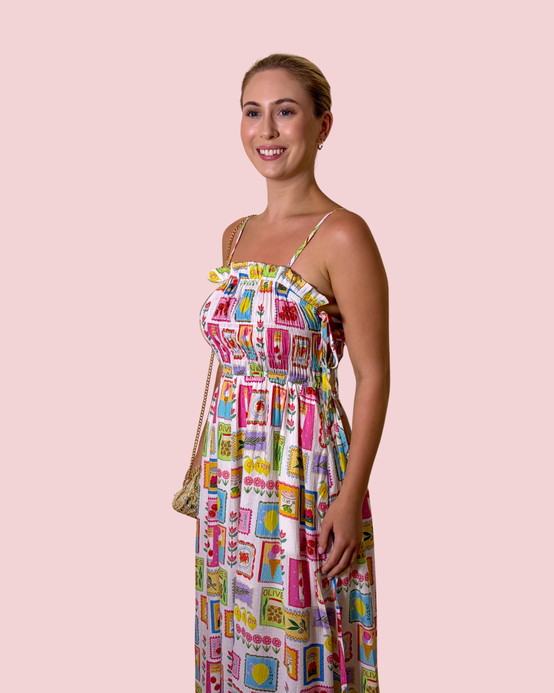 Wish You Were Here Colorful Patchwork Print Smocked Midi Dress with Adjustable Straps