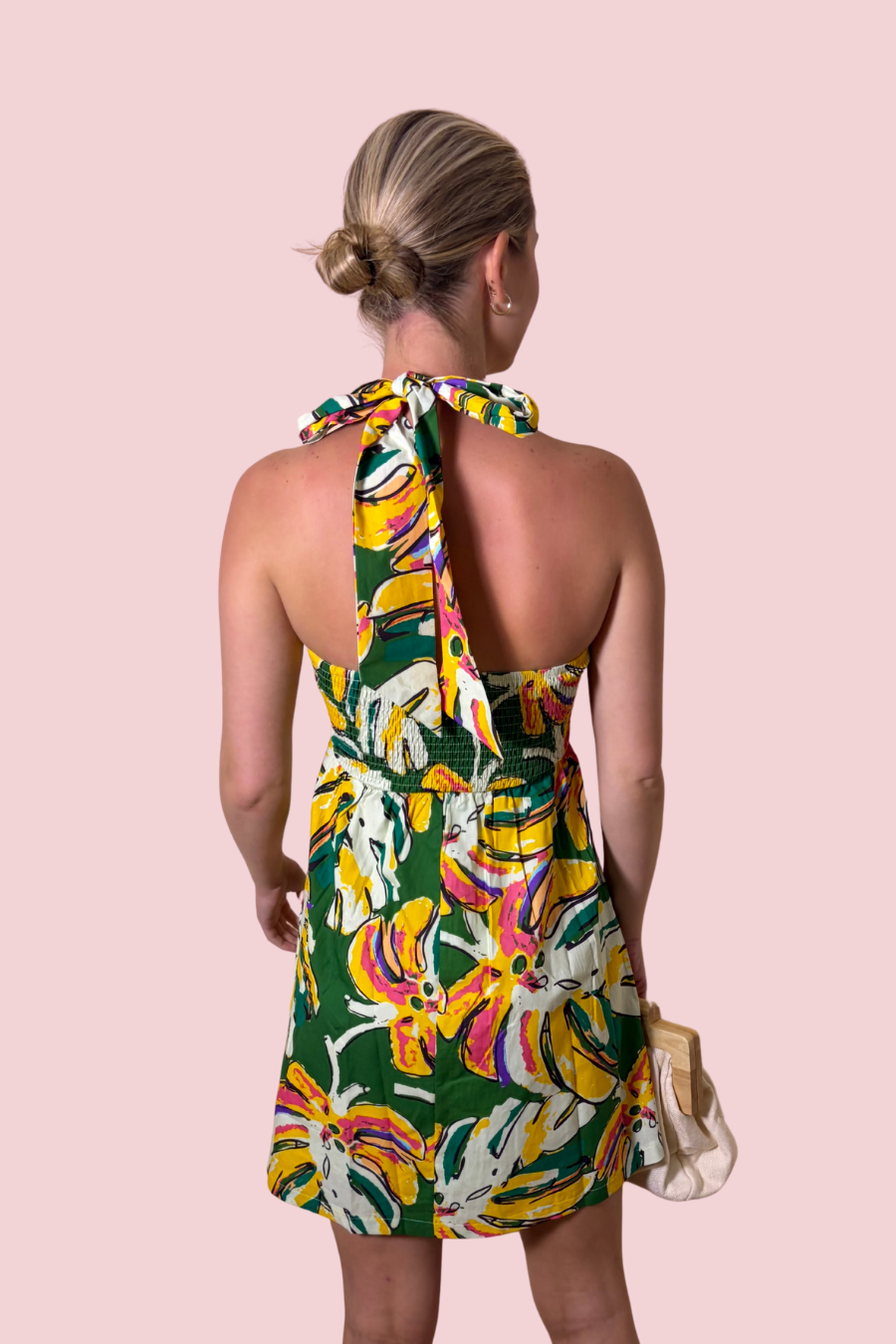 Tropic Like It's Hot Tropical Print Halter Mini Dress with Swing Silhouette