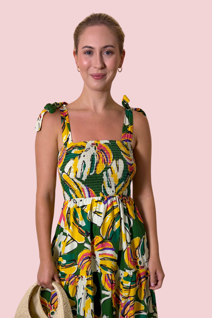 Tropic Like It's Hot Tropical Print Smocked Midi Dress with Tie Shoulder Straps