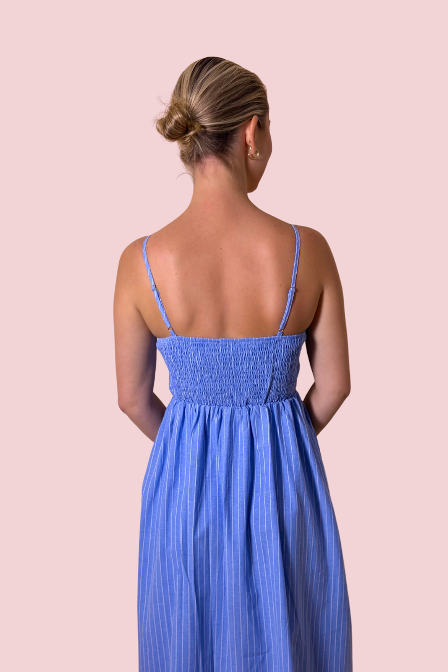 Caught in a Daydream Blue and White Stripe Cutout Midi Dress with Bow Front Detail