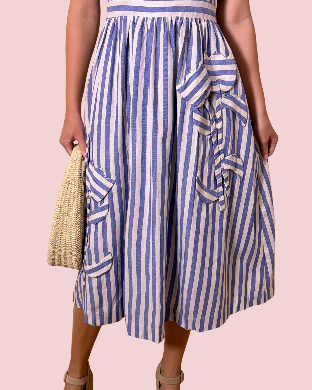 Emillia Striped 3D Floral Detail Midi Dress