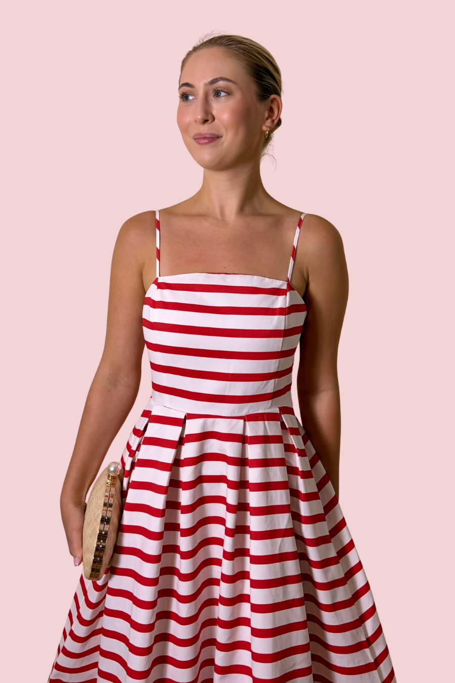 Americana Dream Red and White Striped Midi Dress with Square Neckline