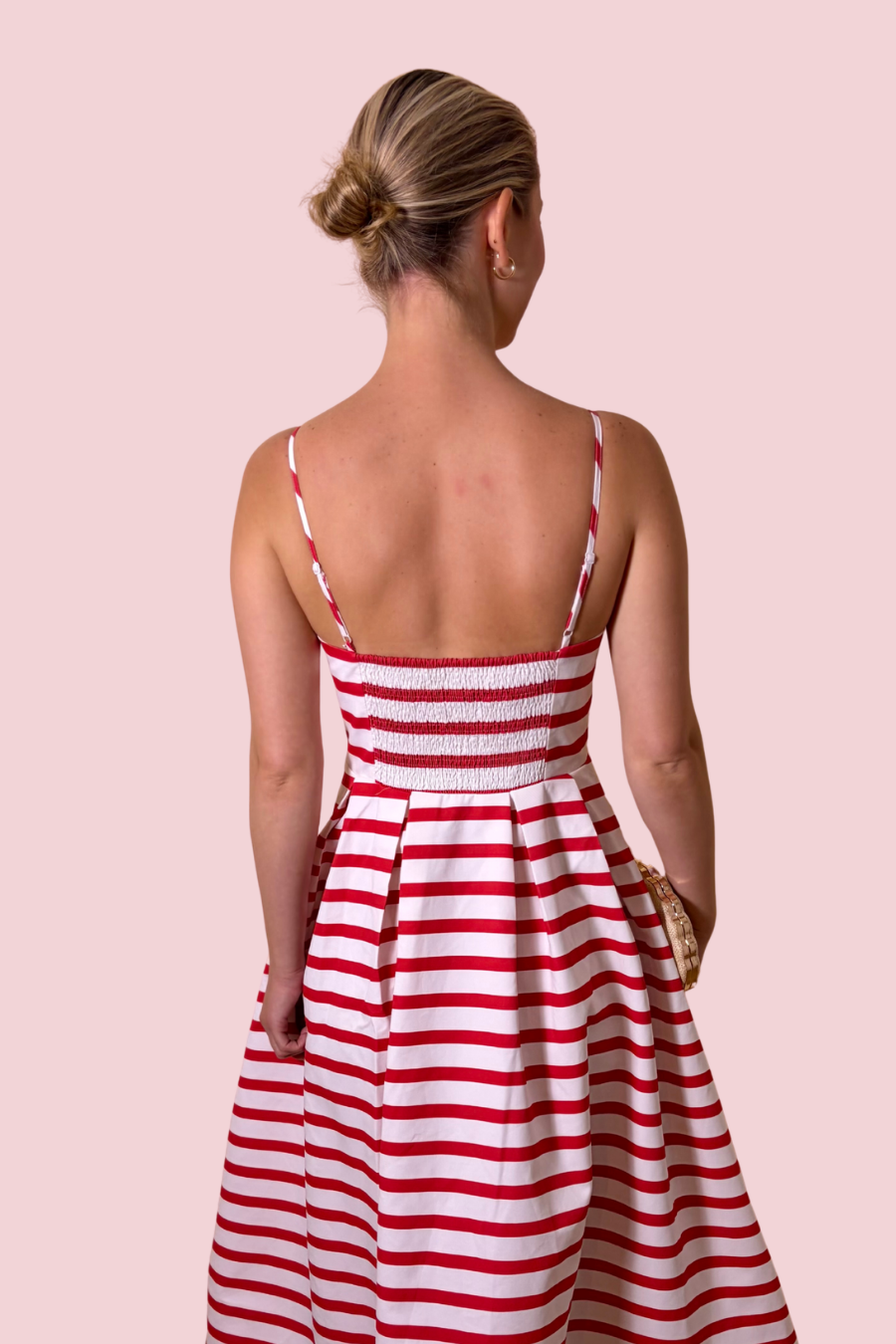 Americana Dream Red and White Striped Midi Dress with Square Neckline
