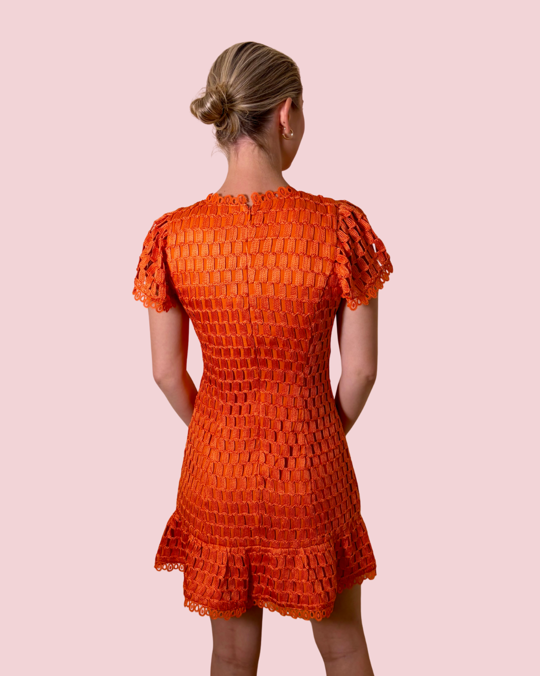 Kayla Orange Flutter Sleeves Lace Mini Dress