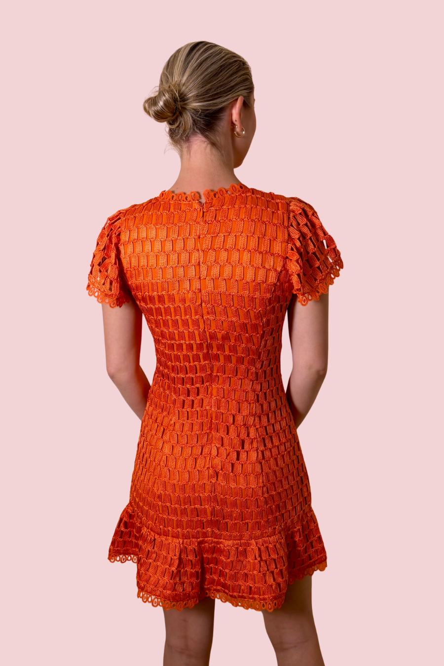 Kayla Orange Flutter Sleeves Lace Mini Dress