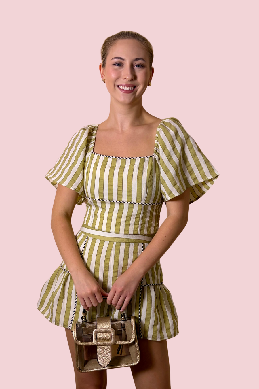 Priscila Olive Green Striped Puff Sleeve Square Neck Top