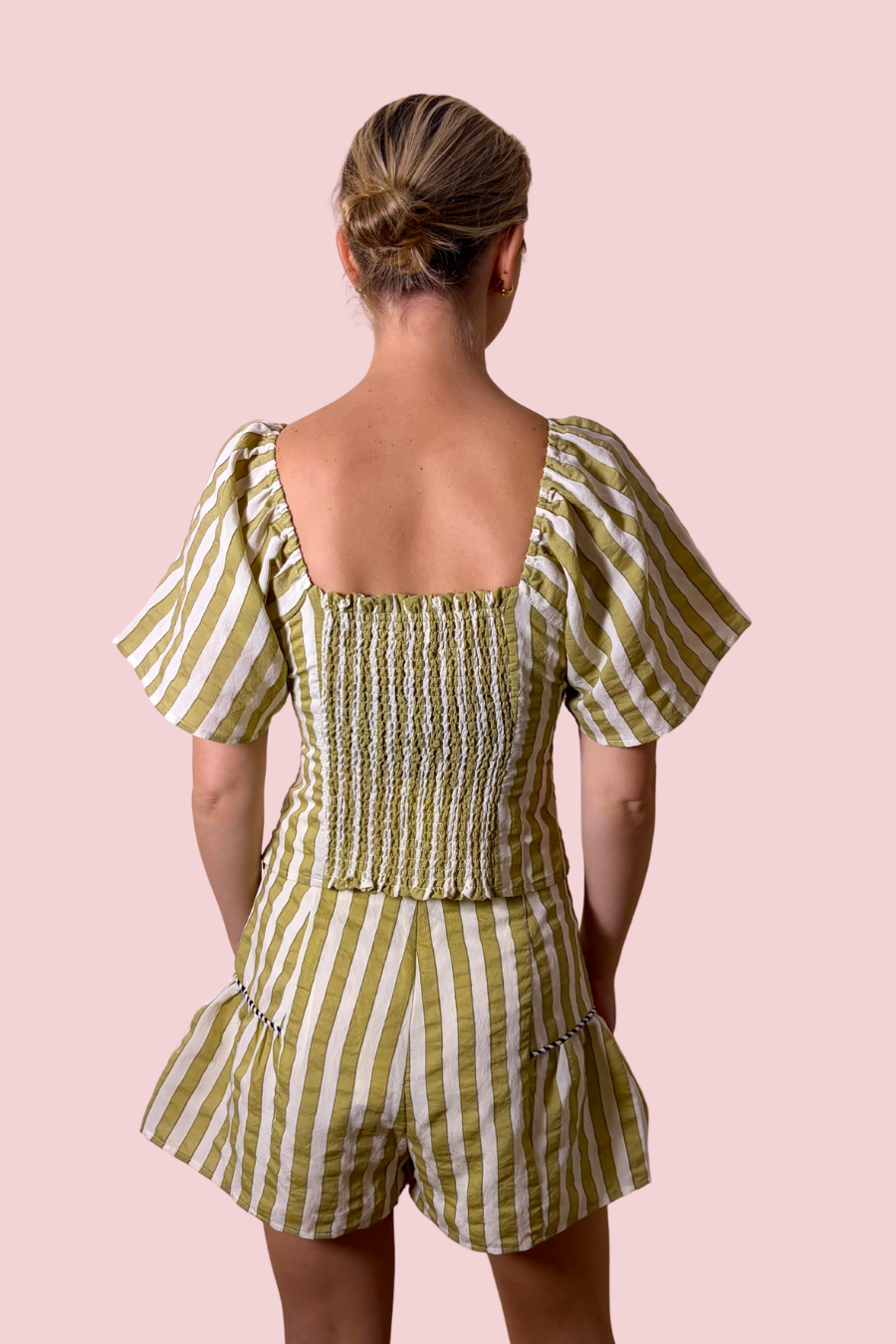 Priscila Olive Green Striped Puff Sleeve Square Neck Top