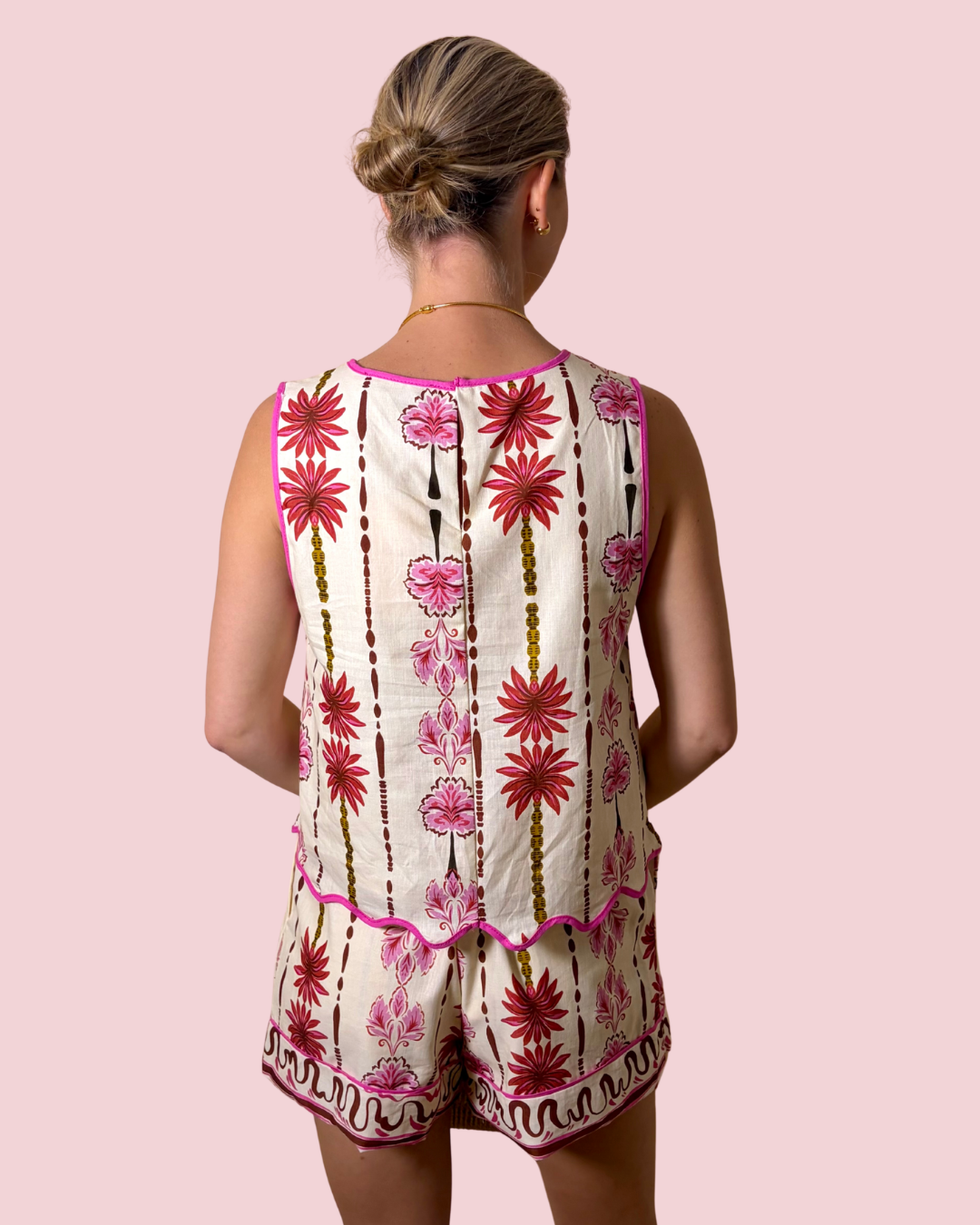 Pink Palms Floral Print Matching Top & Shorts Set with Scalloped Trim