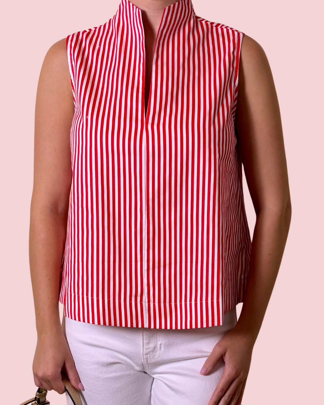 Better Than Basic Striped Sleeveless Blouse with Split Neck Collar