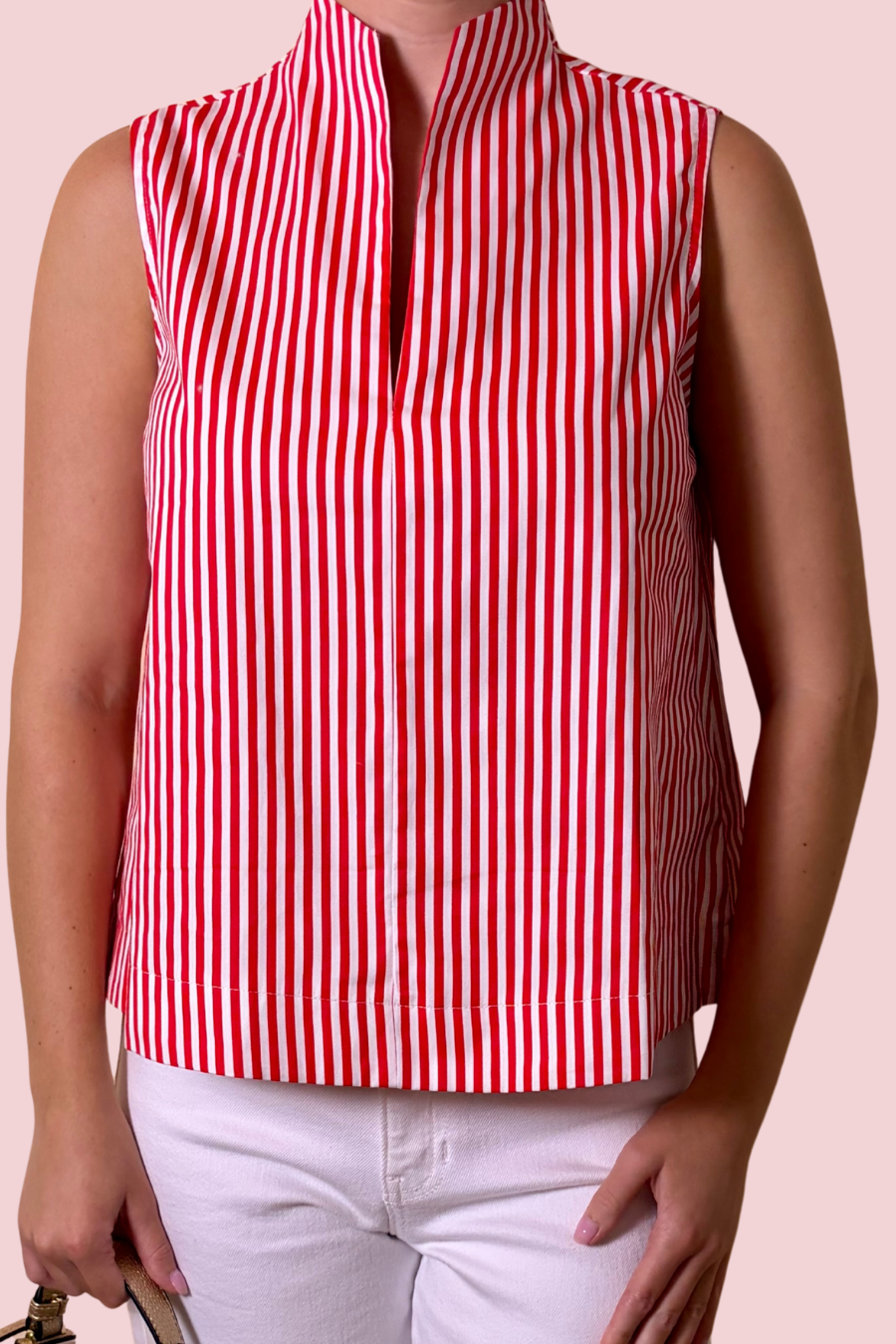 Better Than Basic Striped Sleeveless Blouse with Split Neck Collar