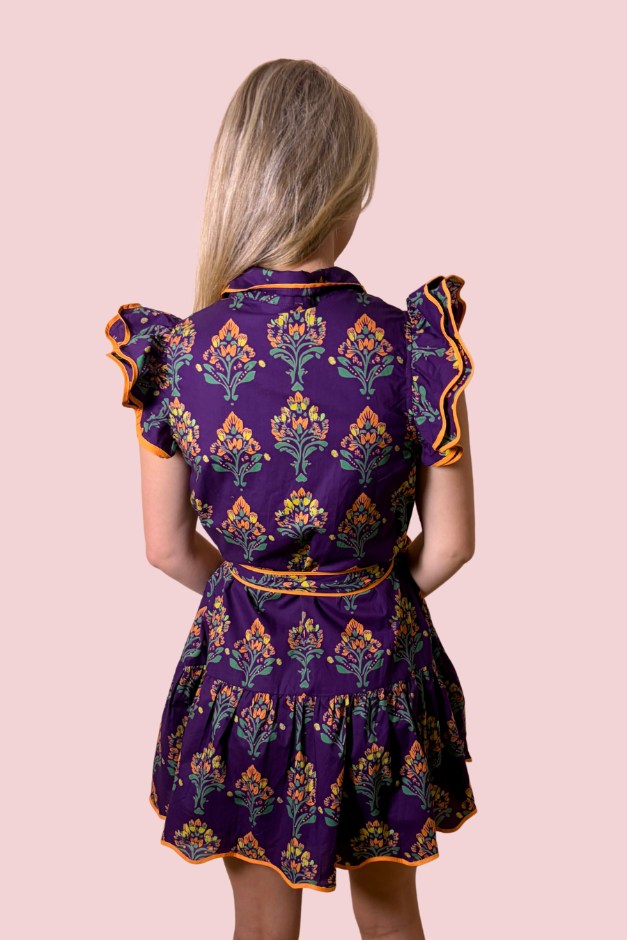 Autumn Bloom Purple Floral Ruffle Sleeve Mini Dress with Contrast Trim