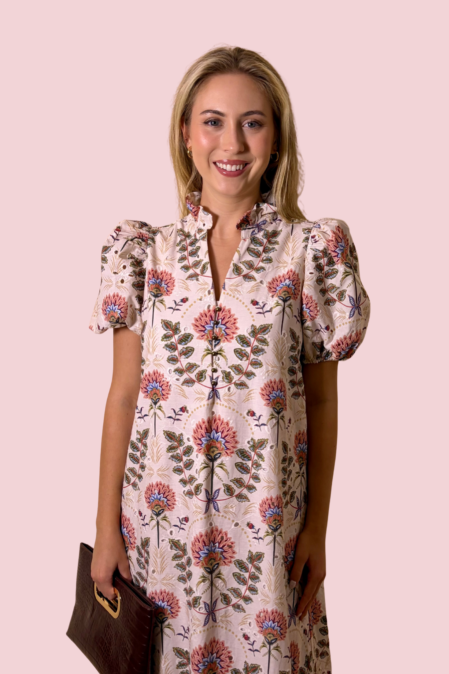 Buy Myself Flowers Floral Print Puff Sleeve Ruffle Collar Midi Dress with Tiered Hem