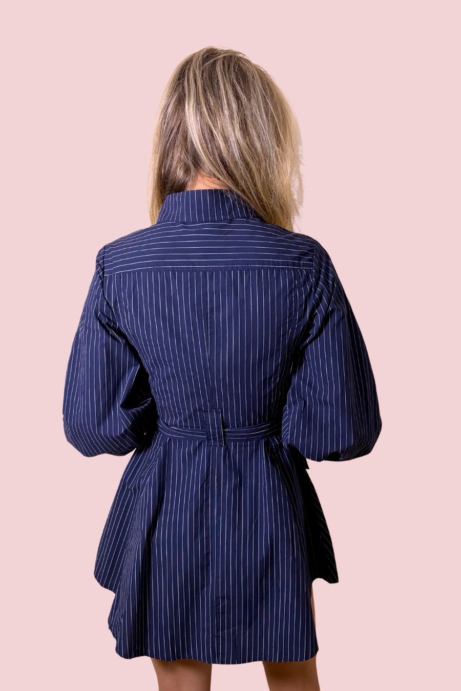 Power Move Pinstripe Belted Shirt Mini Dress with Long Balloon Sleeves & Collared Neck