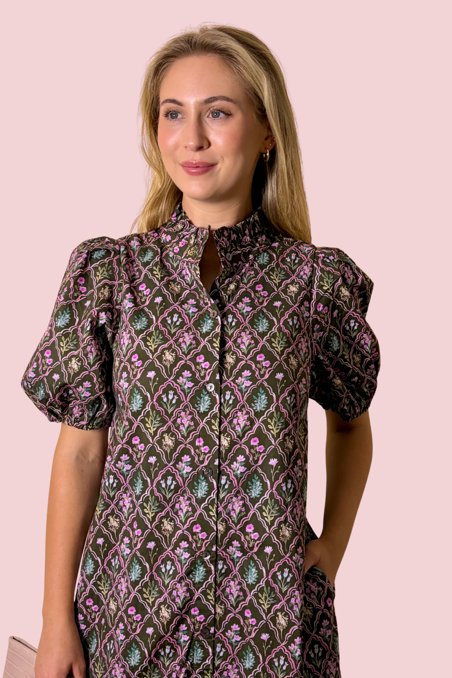 Hidden Gem Curated Relaxed Fit Printed Midi Dress with Puff Sleeves