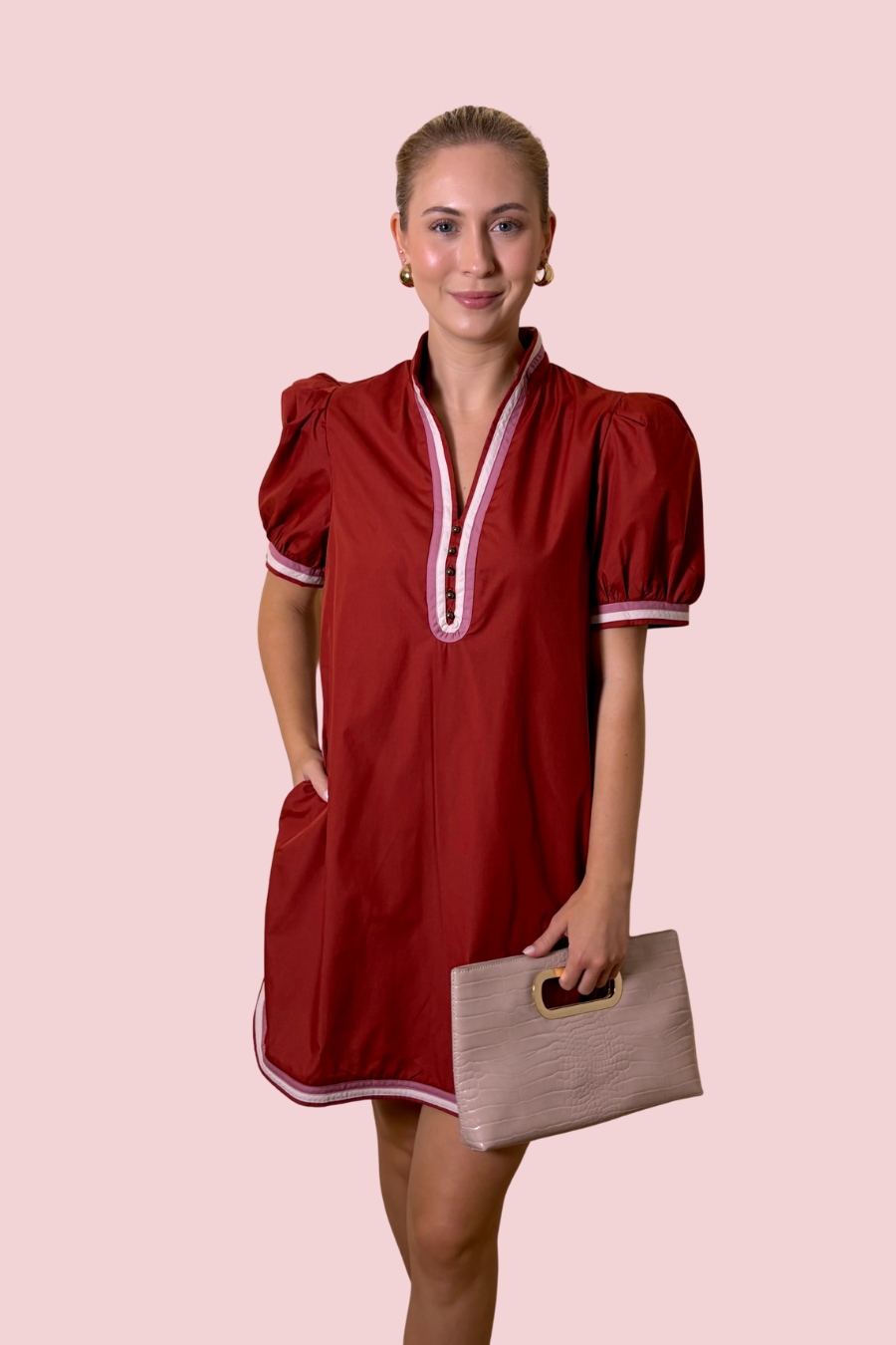 RSVP Ready Puff Sleeve Contrast Trim Shift Dress with Pockets