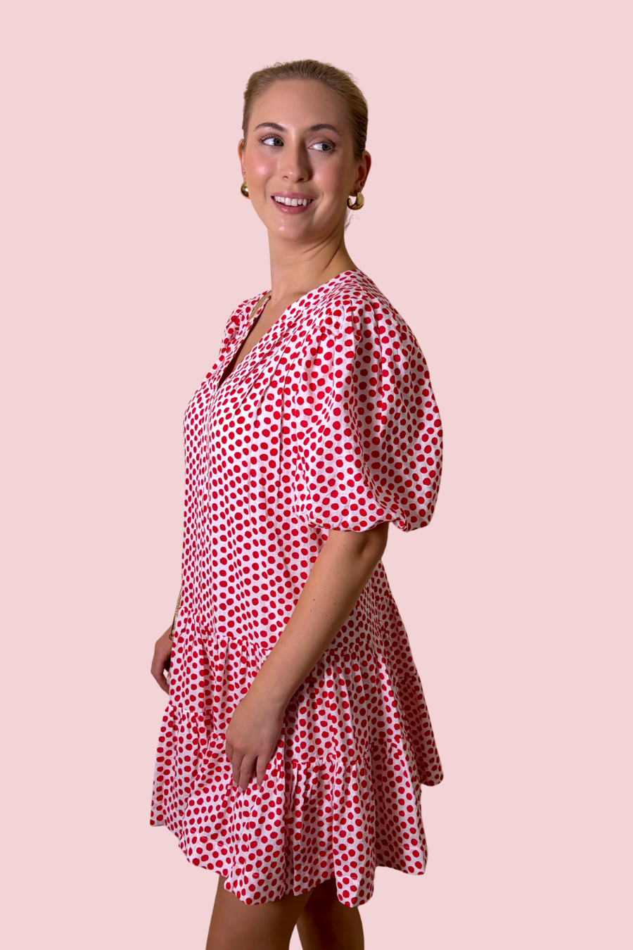 Spot Me Red Polka Dot Puff Sleeve Tiered Mini Dress with Split Neck