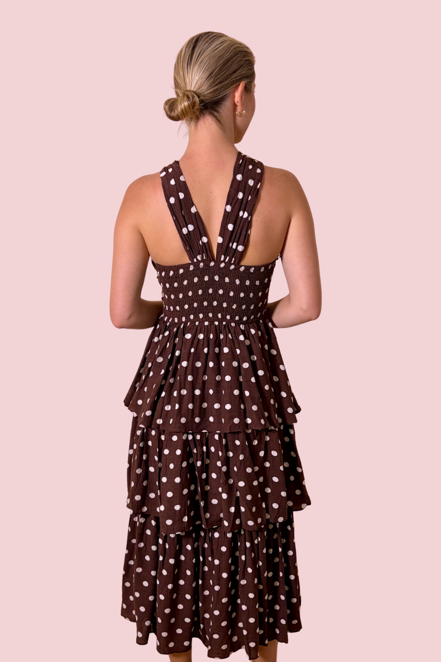 Soft Spot Polka Dot Halter Twist Front Tiered Midi Dress