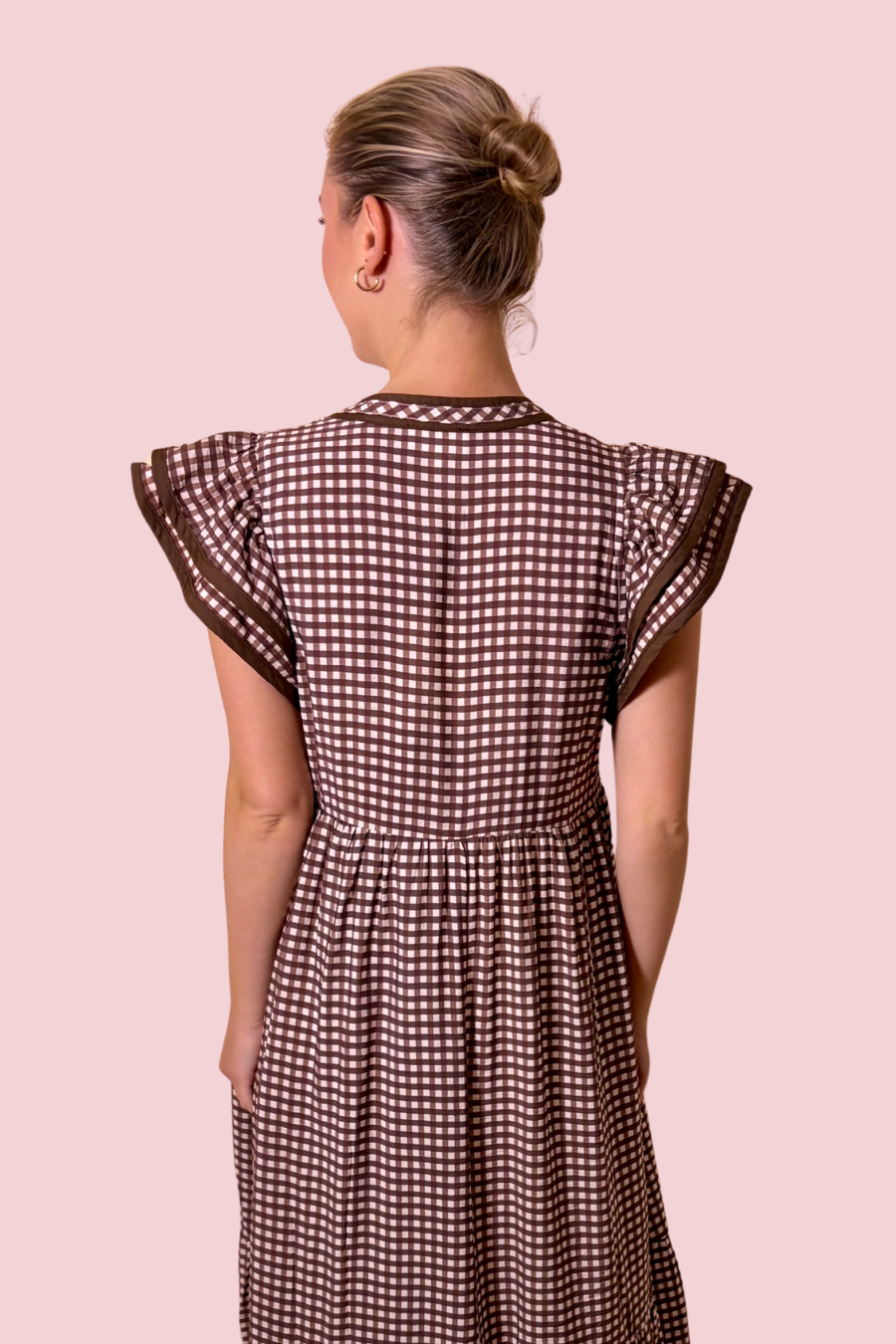 Check Me Out Brown Gingham Flutter Sleeve Tiered Midi Dress with Pockets