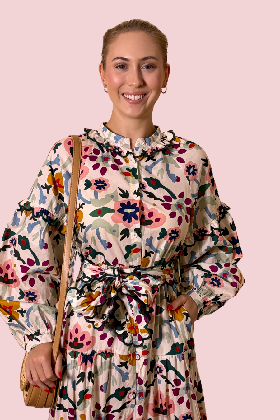 Petals & Twirls Floral Print Tiered Midi Dress with Long Sleeves