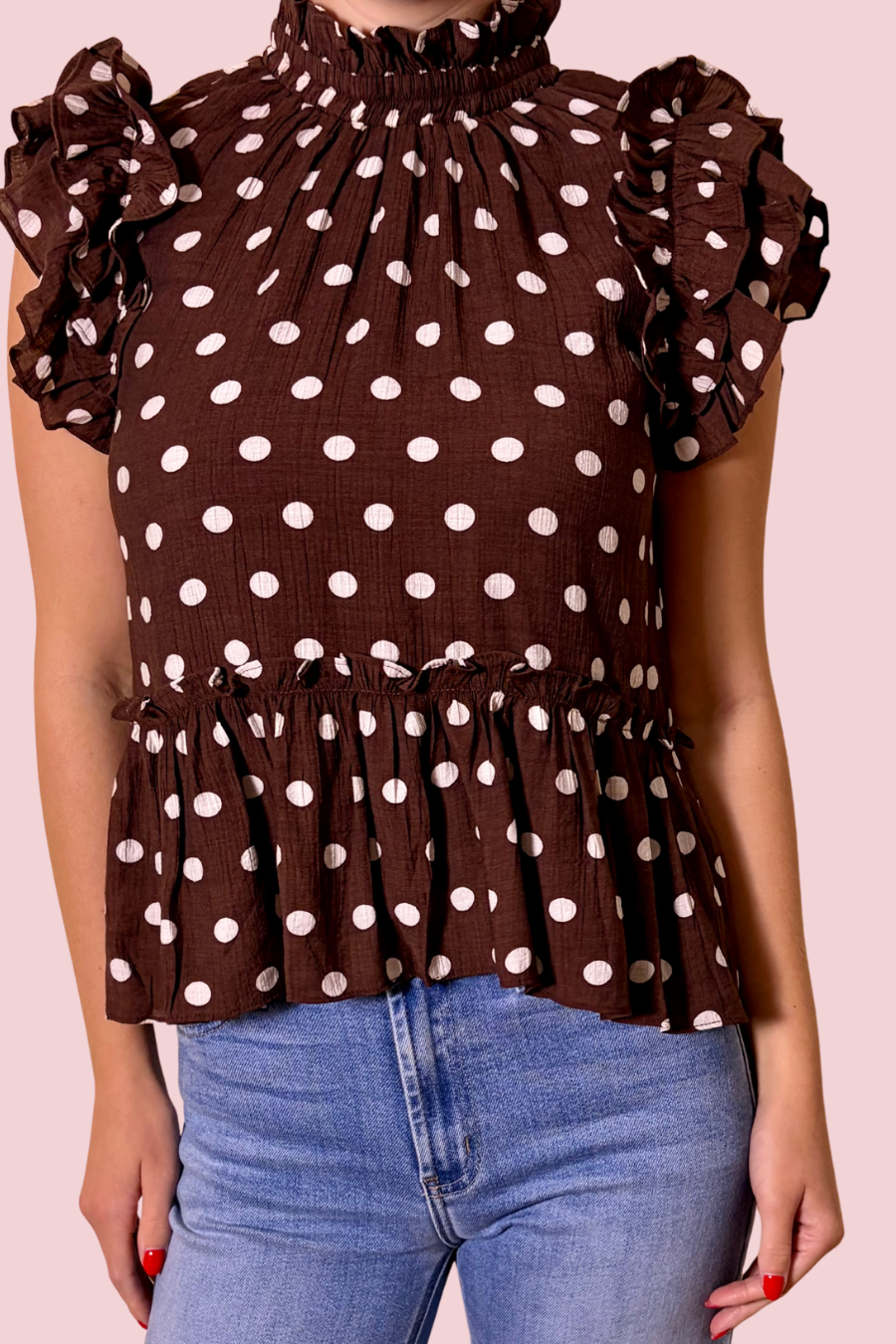Soft Spot Polka Dot Mock Neck Ruffle Sleeve Smocked Peplum Blouse