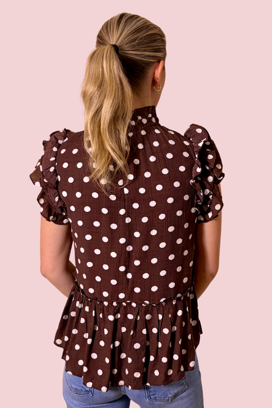 Soft Spot Polka Dot Mock Neck Ruffle Sleeve Smocked Peplum Blouse