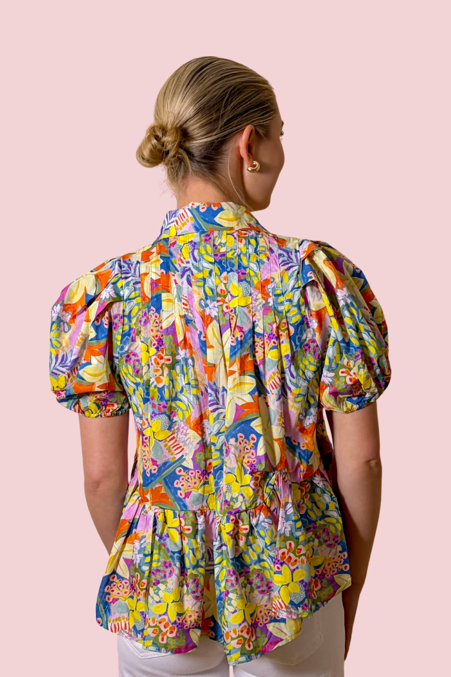Garden Party Multicolor Floral Peplum Blouse with Puff Sleeves and Collared Neck