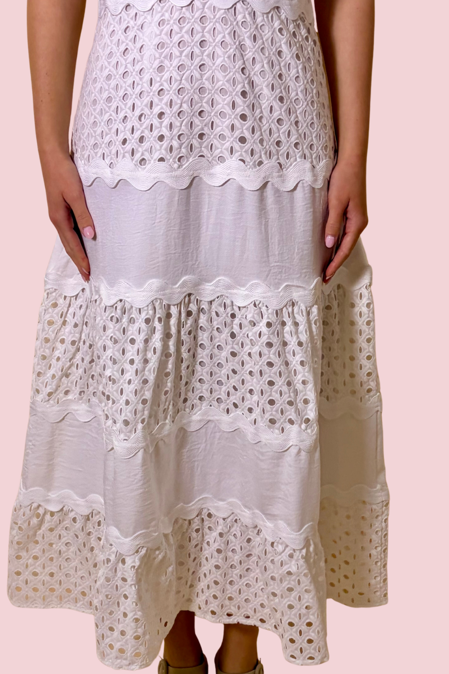 Emma White Eyelet Lace Maxi Dress with Scalloped Neckline and Tiered Skirt