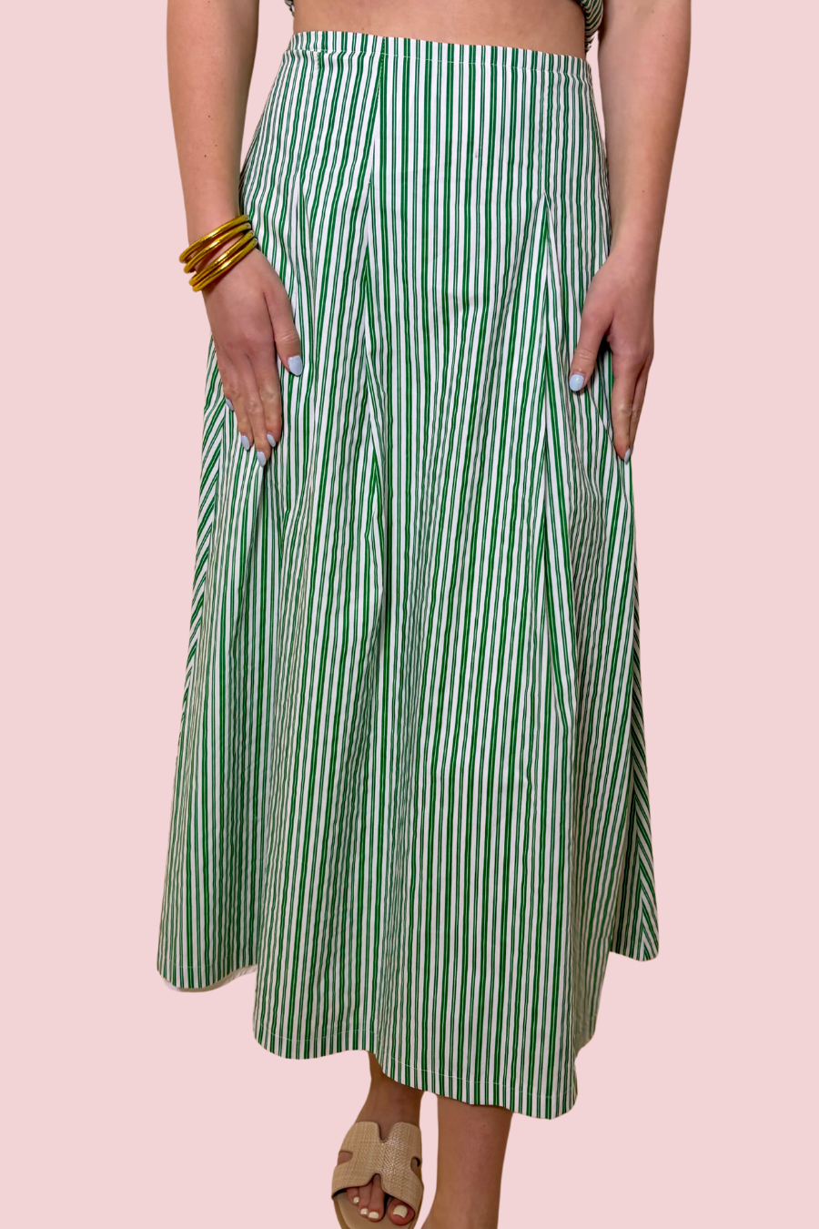 Lucky Day Green and White Stripe Midi Skirt with High Waist