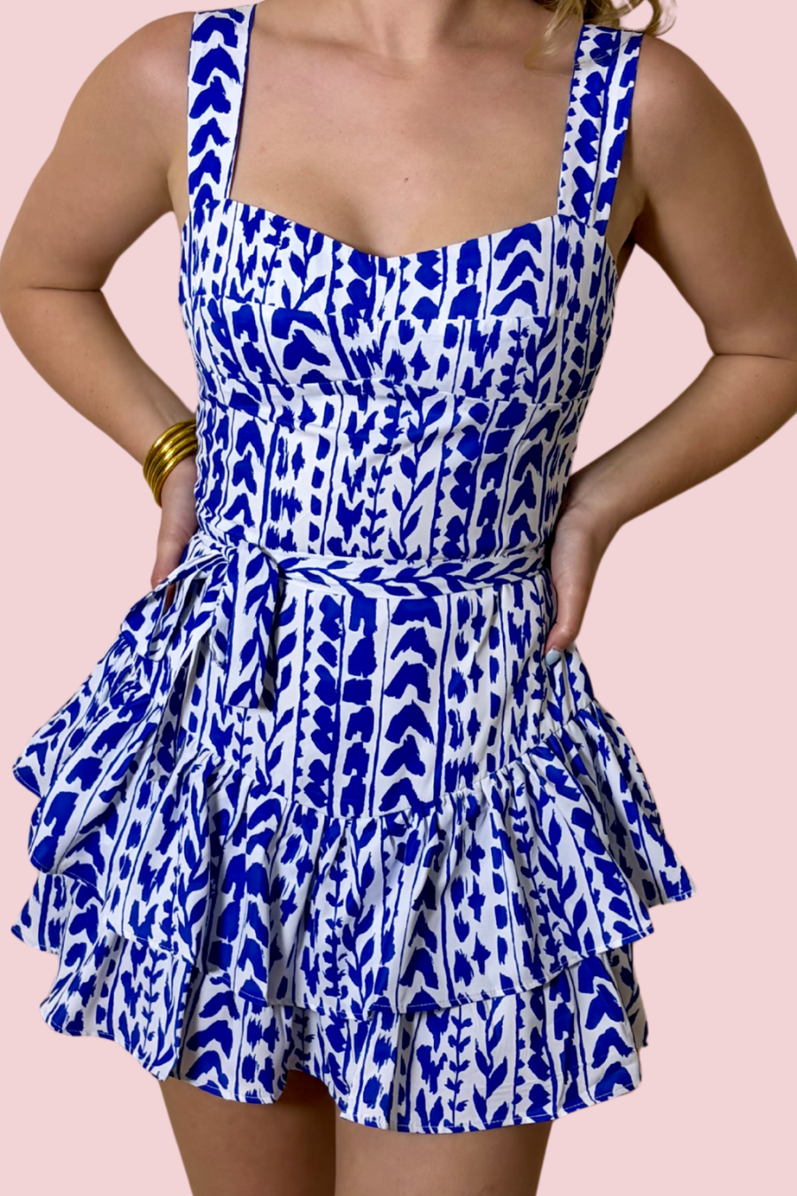 Ocean Breeze Blue and White Print Ruffle Mini Dress with Square Neck