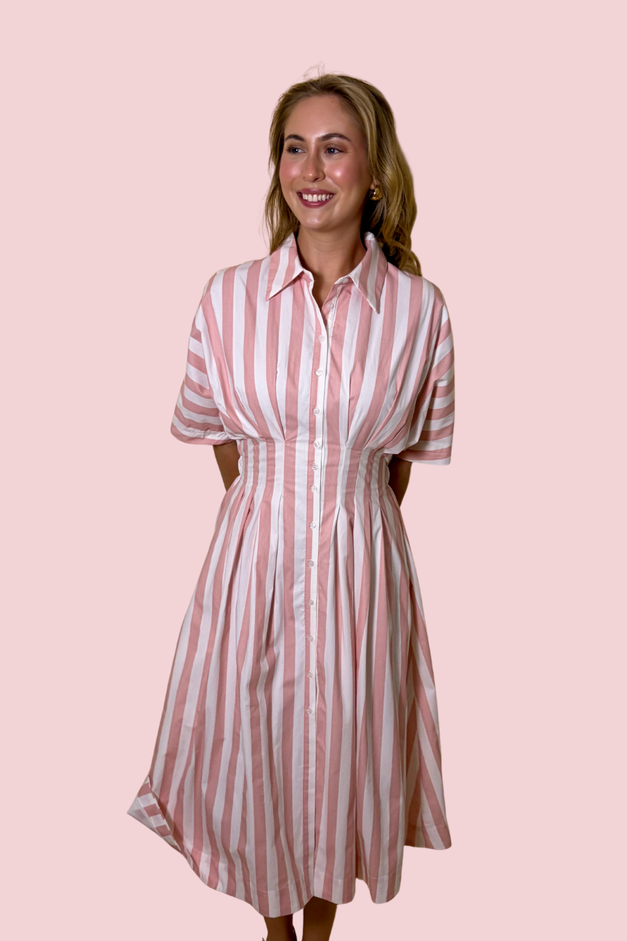 Polished Stripe Button Front Midi Dress with Cinched Waist