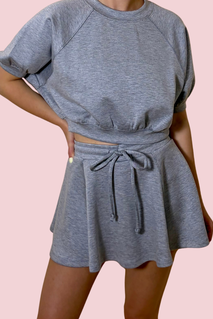 Soft Motion Grey High Waisted Mini Skirt with Drawstring Waist