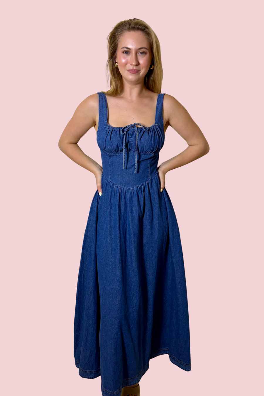 Indigo Darling Smocked Bodice Denim Midi Dress with Tie Front Detail