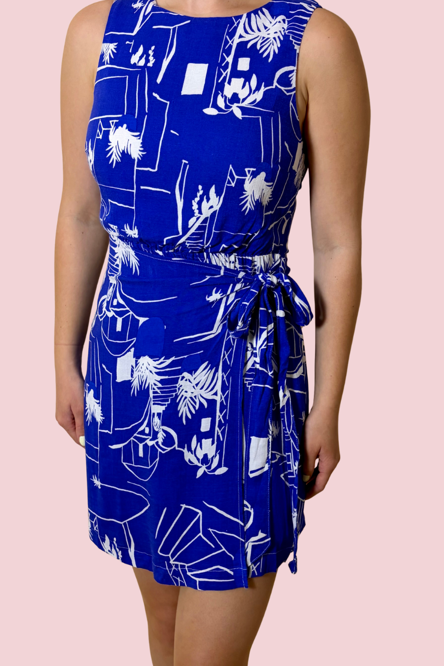 Take Me Somewhere Blue Resort Print Wrap Mini Dress with Adjustable Side Tie