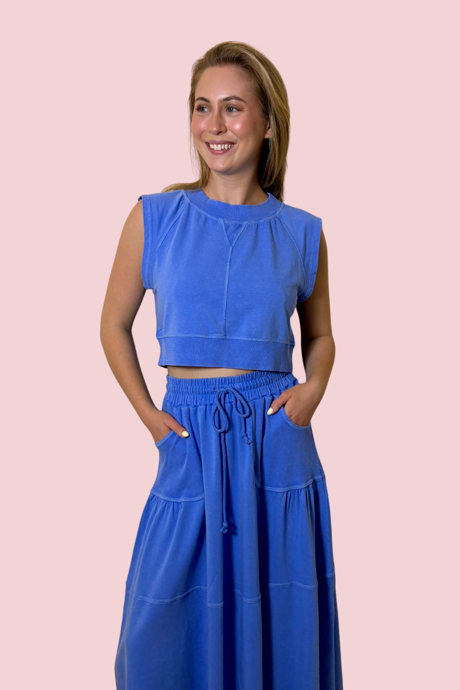 Easy Motion Blue Sleeveless Cropped Relaxed Fit Lightweight Knit Tank