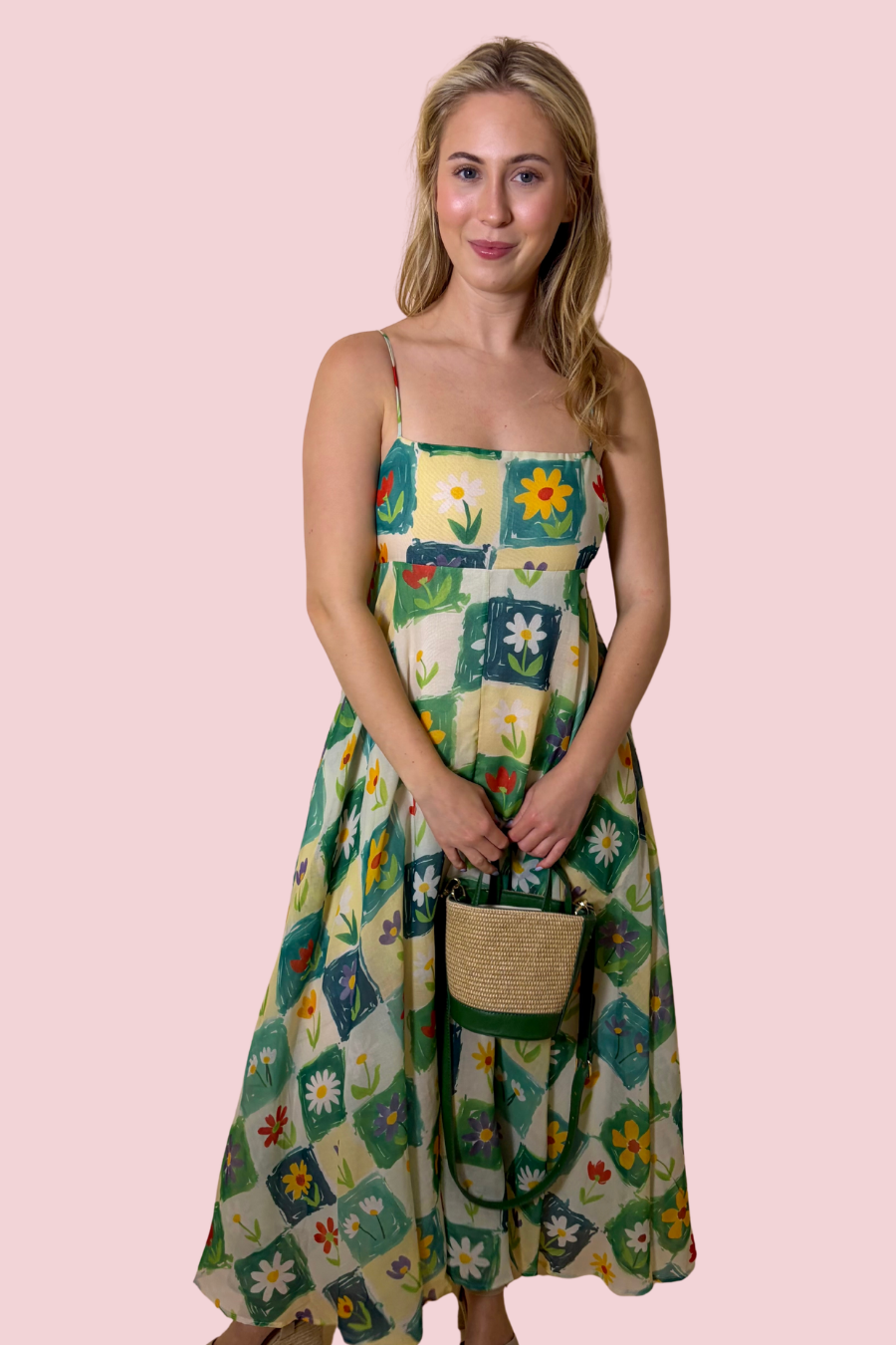 Artisan Bloom Floral Patchwork Midi Dress with Spaghetti Straps and Pockets