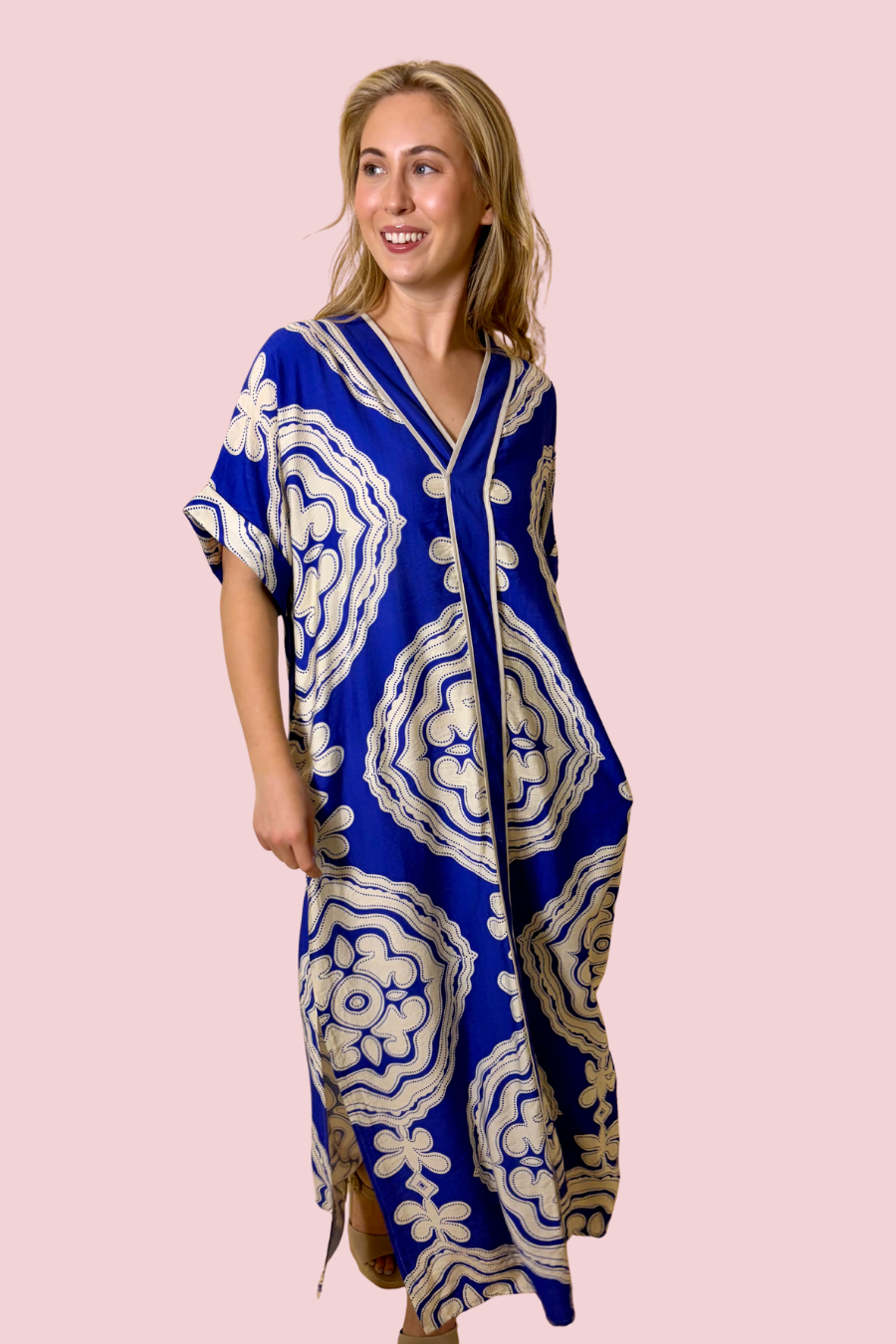 Saint Riviera Blue Tile Print Maxi Dress for Women with Relaxed Fit and Short Sleeves