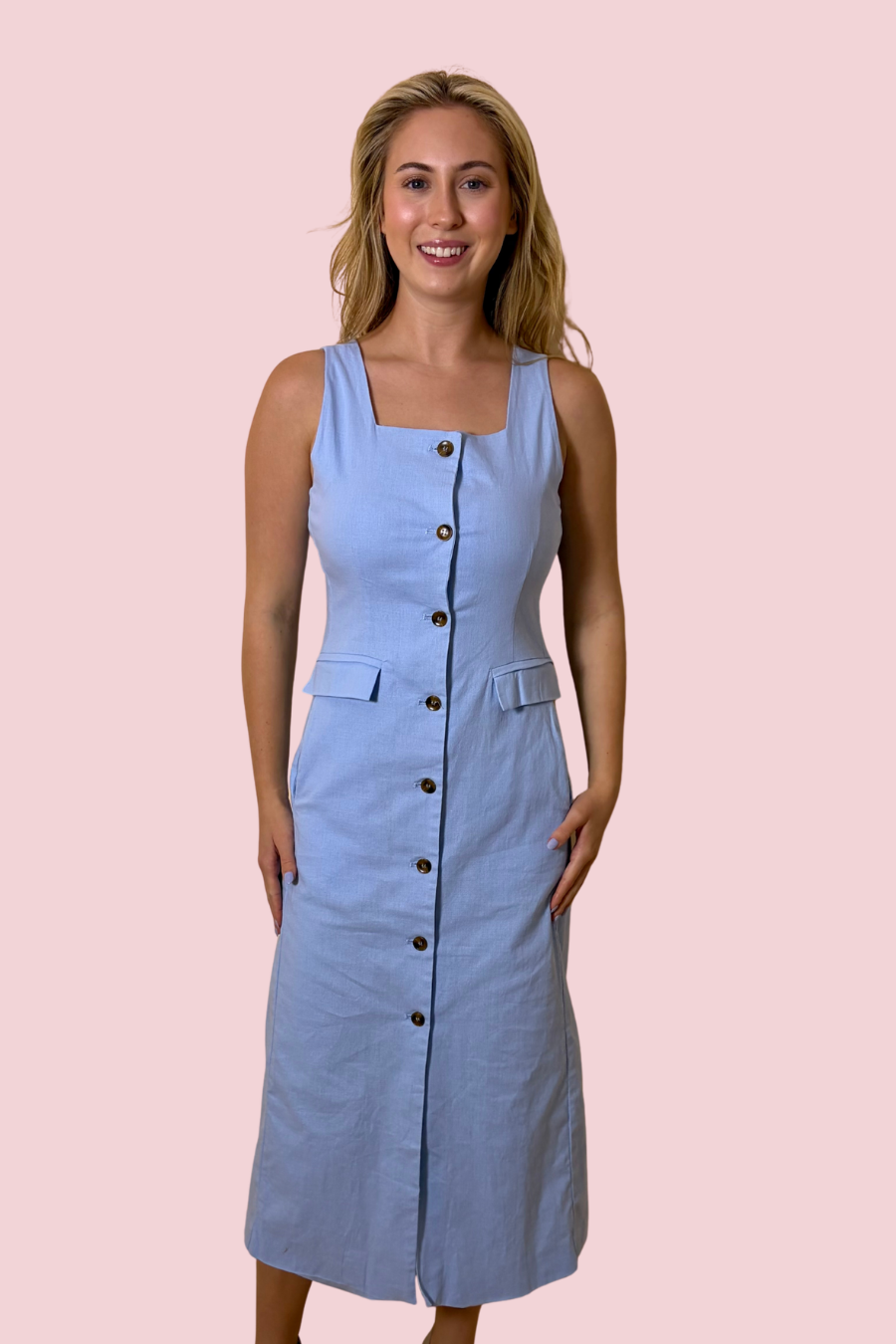 Ocean Air Light Blue Button Front Midi Dress with Square Neck and Pockets