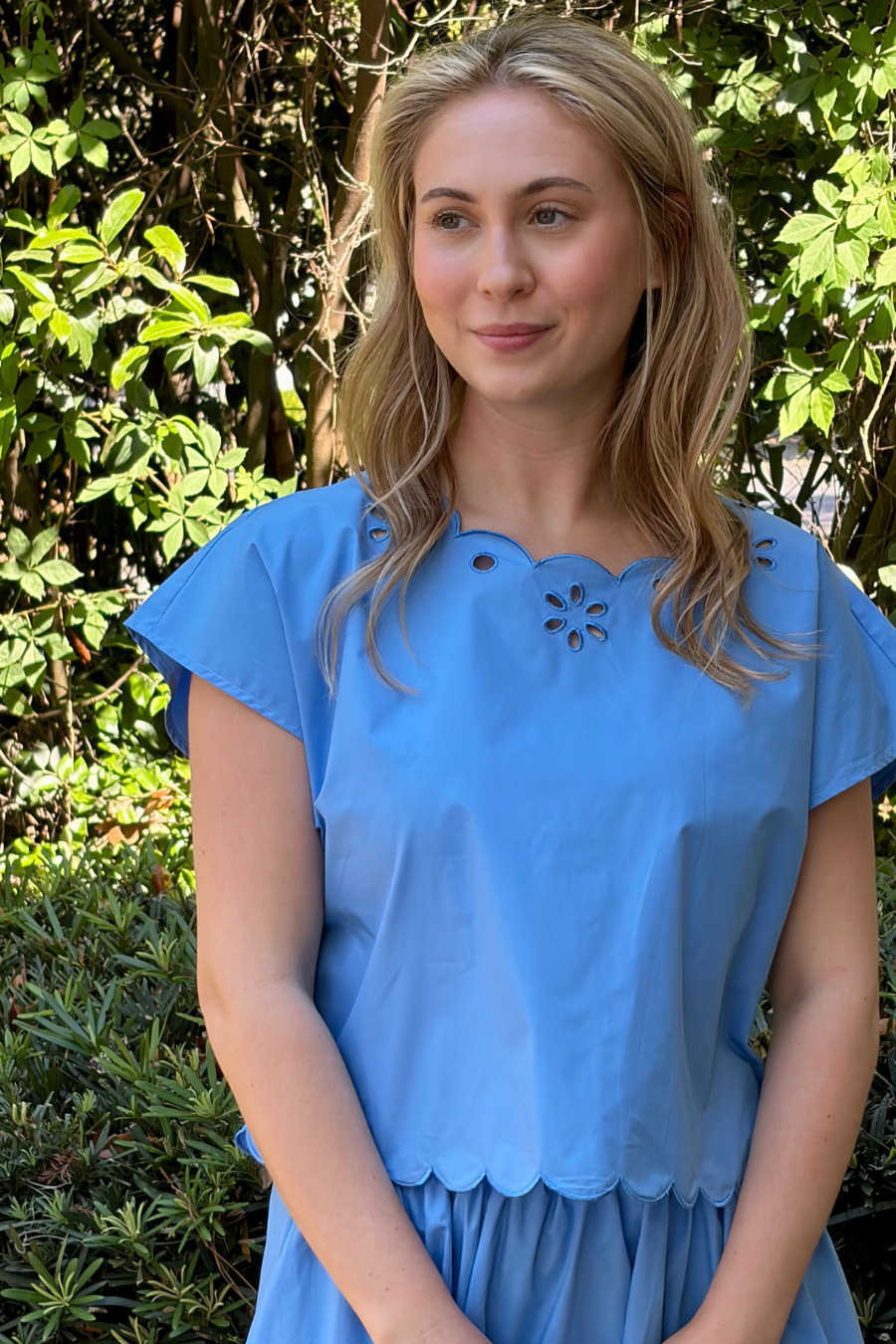 Isabelle Blue Flutter Sleeve Top with Eyelet Detail and Scalloped Hem