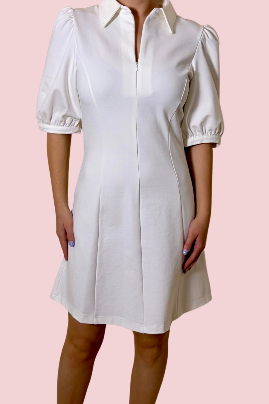 Clean Girl Collared Mini Dress with Puff Sleeves and Tailored A-Line Shape
