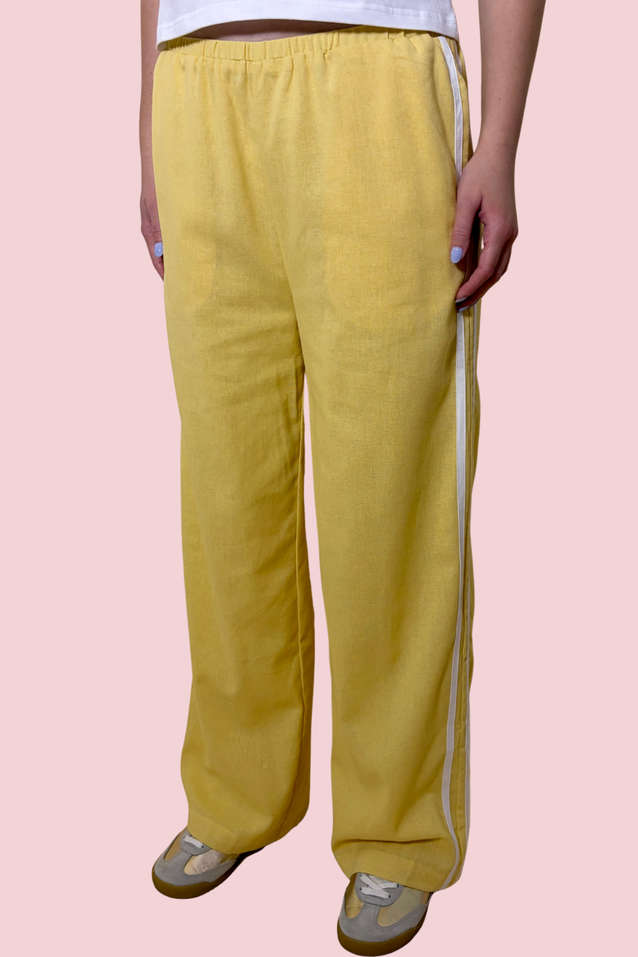 Sporty Chic Yellow Wide Leg Pants with Elastic Waist and Double Side Stripe