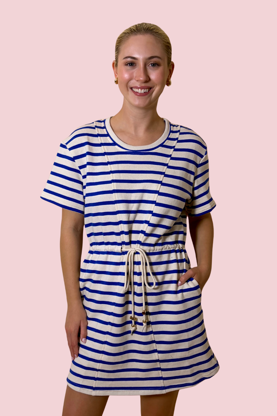Sapphire Waves Blue and White Striped T-Shirt Mini Dress with Drawstring Waist